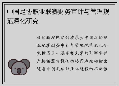 中国足协职业联赛财务审计与管理规范深化研究